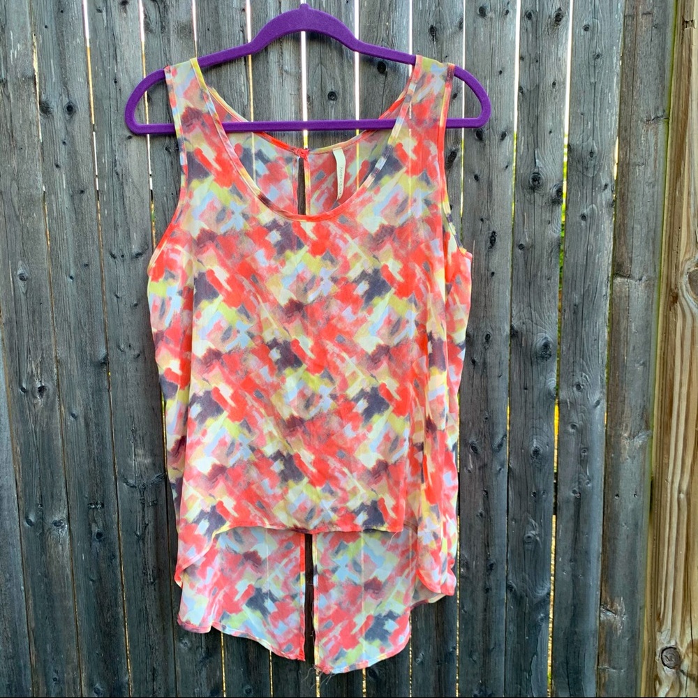 Paper Crane Sheer Colorful Abstract Gem Button Top